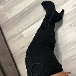 Thigh high black faux suede boots